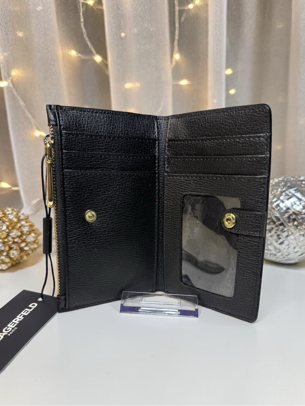 Karl Lagerfeld Paris Black Pebbled Leather Zip Wallet NWT ✨ Gold Hardware - Picture 5 of 7